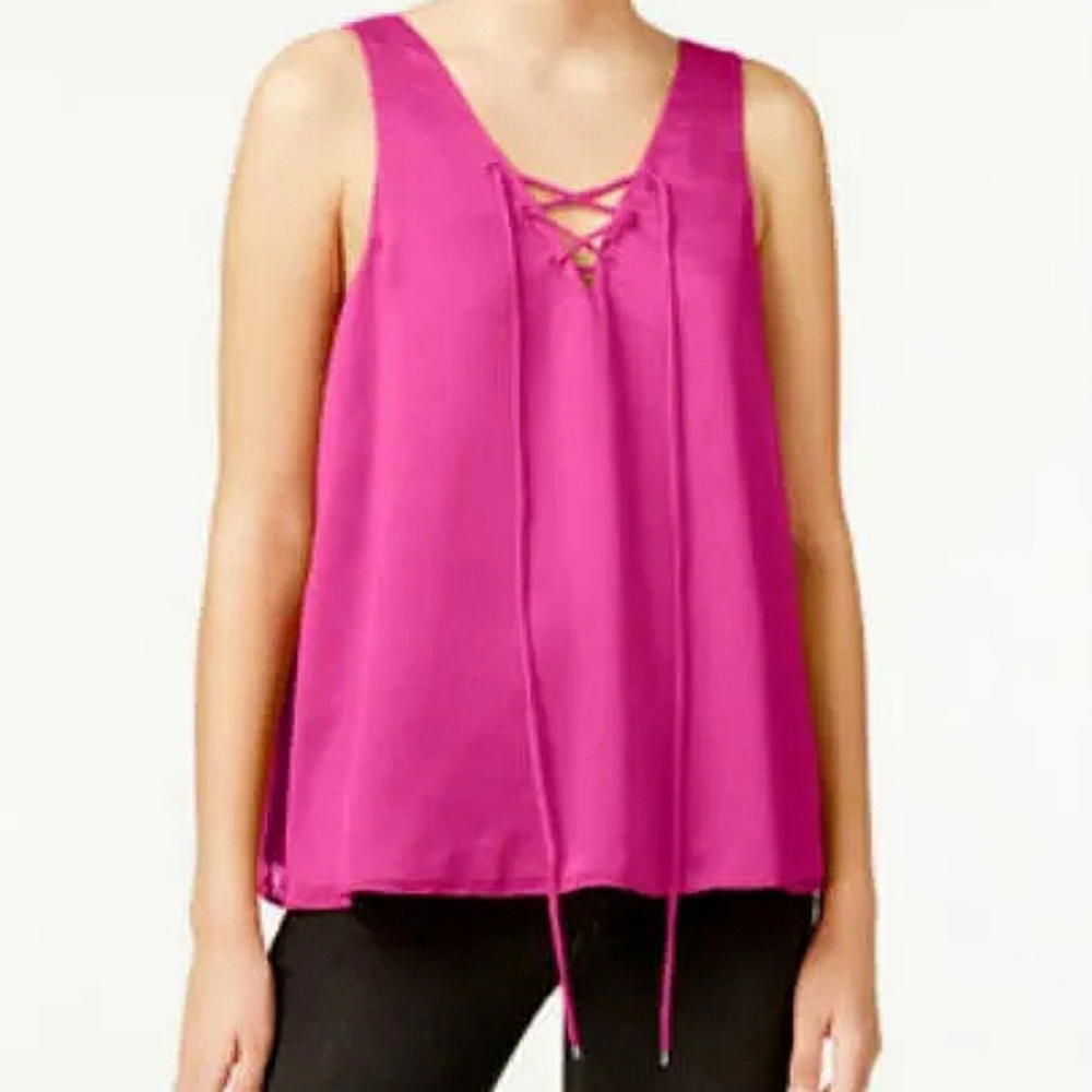 Rachel Roy Double V Neck Lace Up Chiffon Tank Top Women's Sz Med Hot Pink